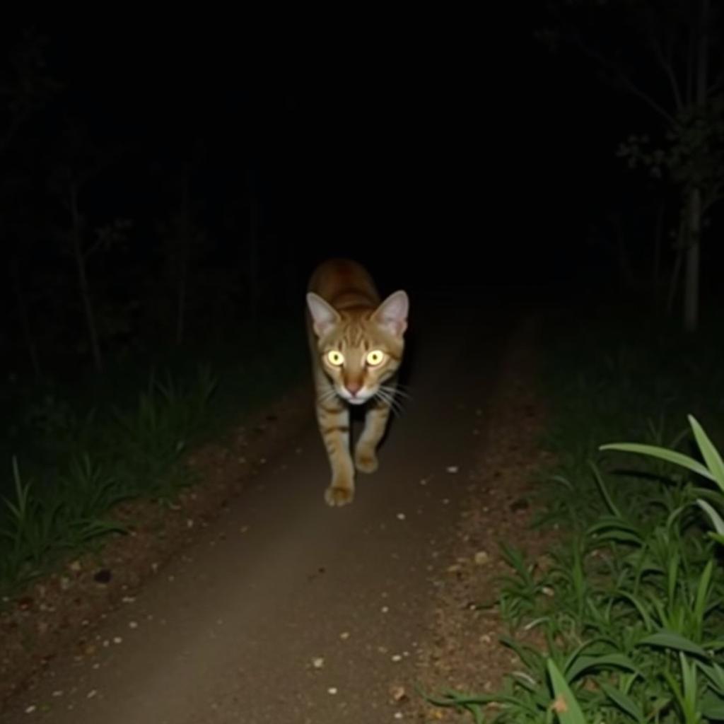 African Golden Cat captured by camera trap in African forest at night