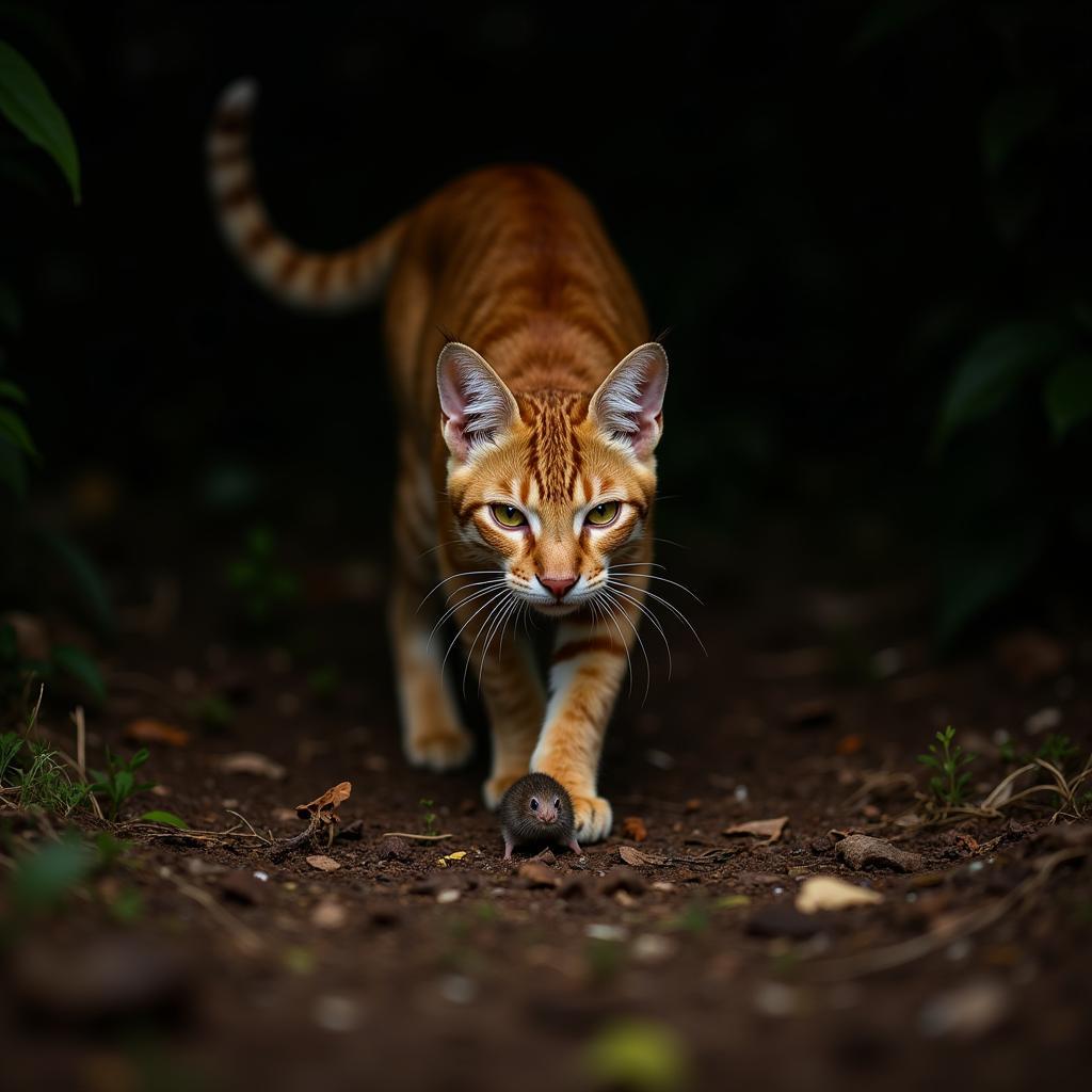 African golden cat hunting its prey