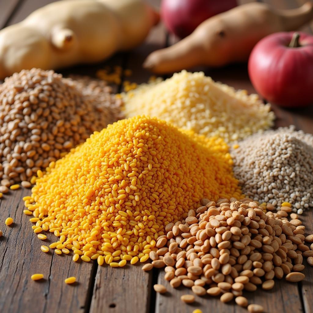 A collection of staple African grains and root vegetables