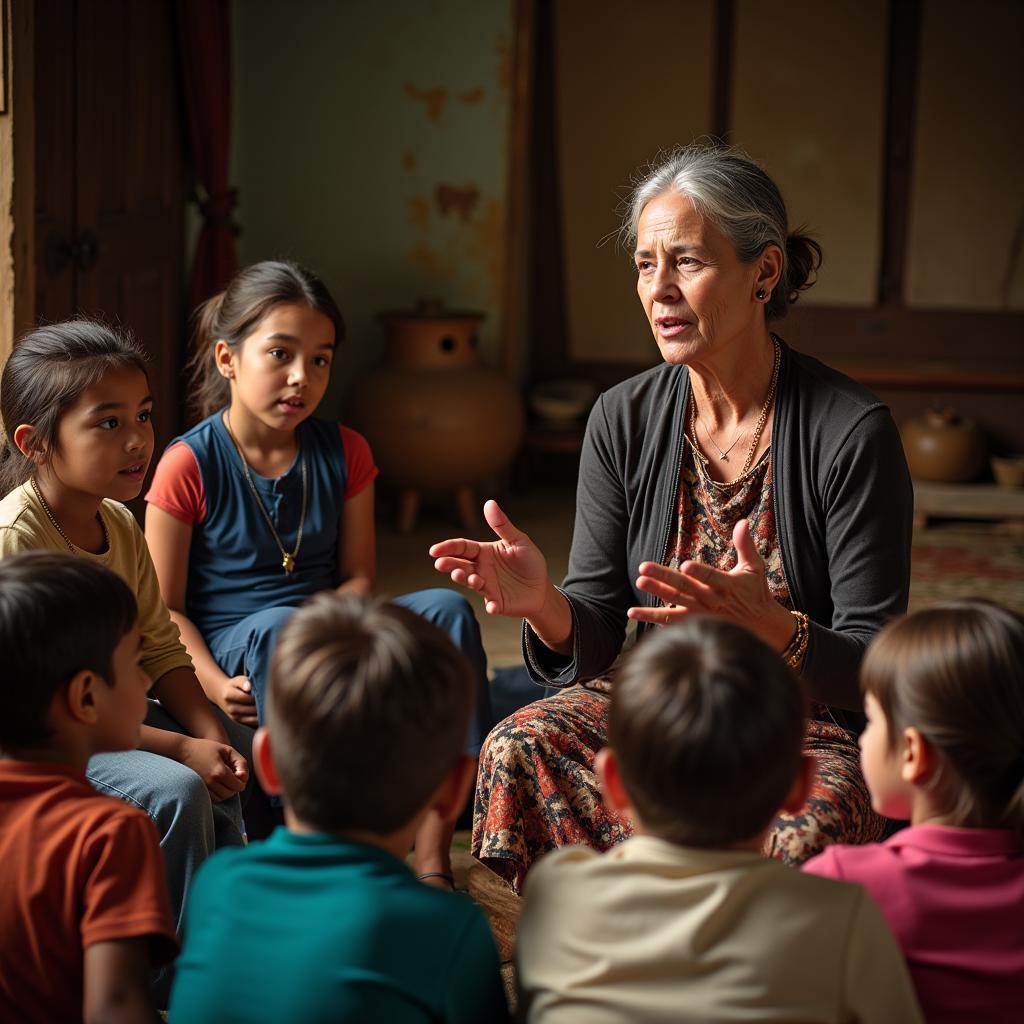 An African grandmother sits with a group of children, teaching them a traditional song.