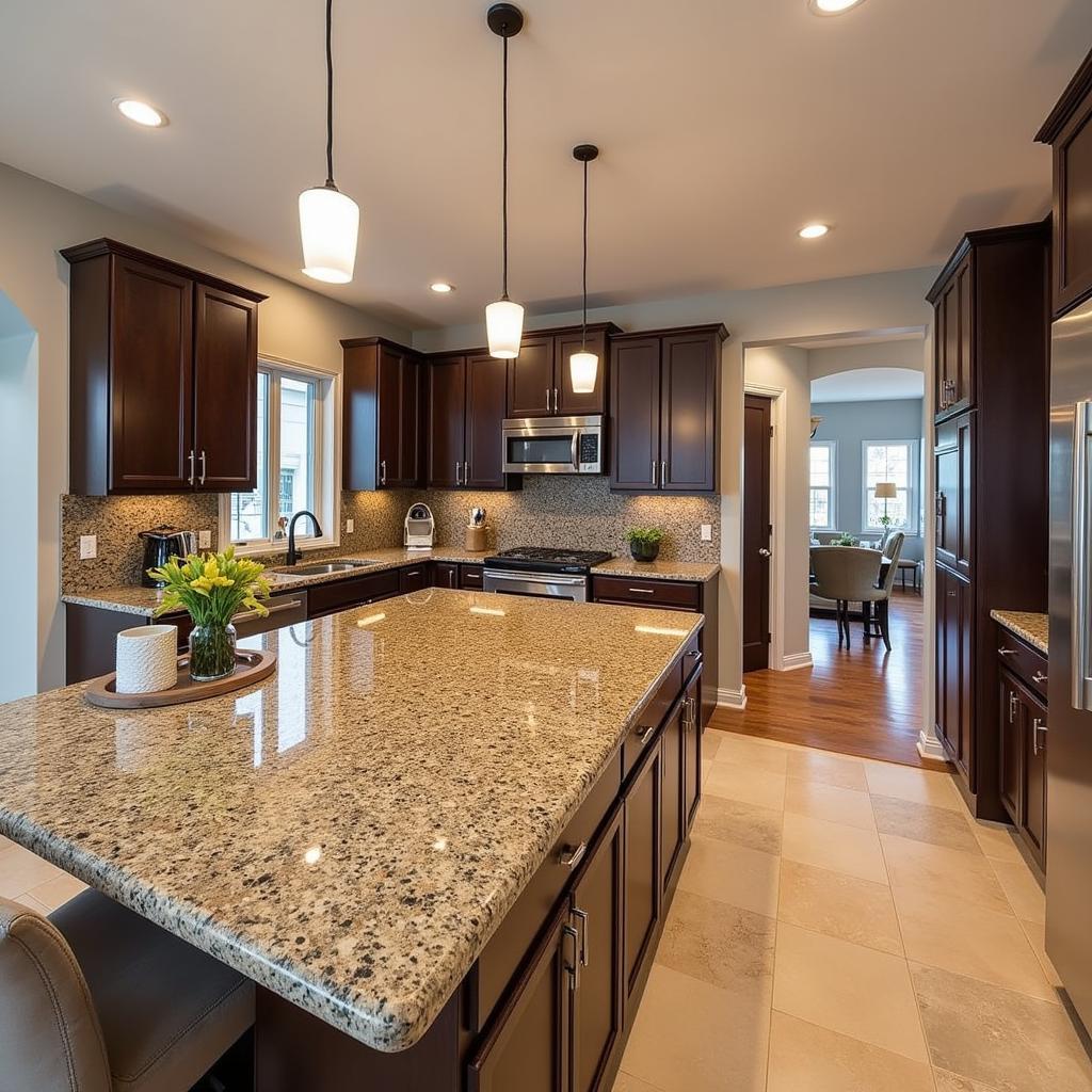 A polished African granite countertop in a modern kitchen setting, showcasing its beauty and practicality.