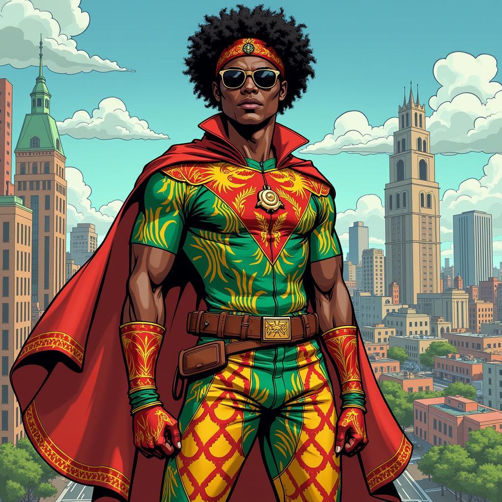 A vibrant illustration of an African superhero in a dynamic pose, showcasing the energy and power of African graphic novels.