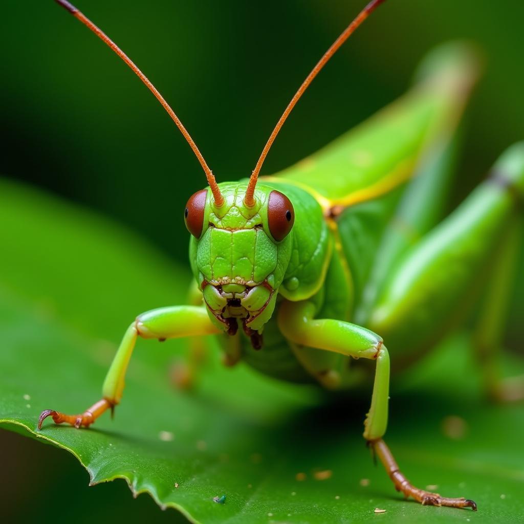 African Grasshopper perched on a green leaf