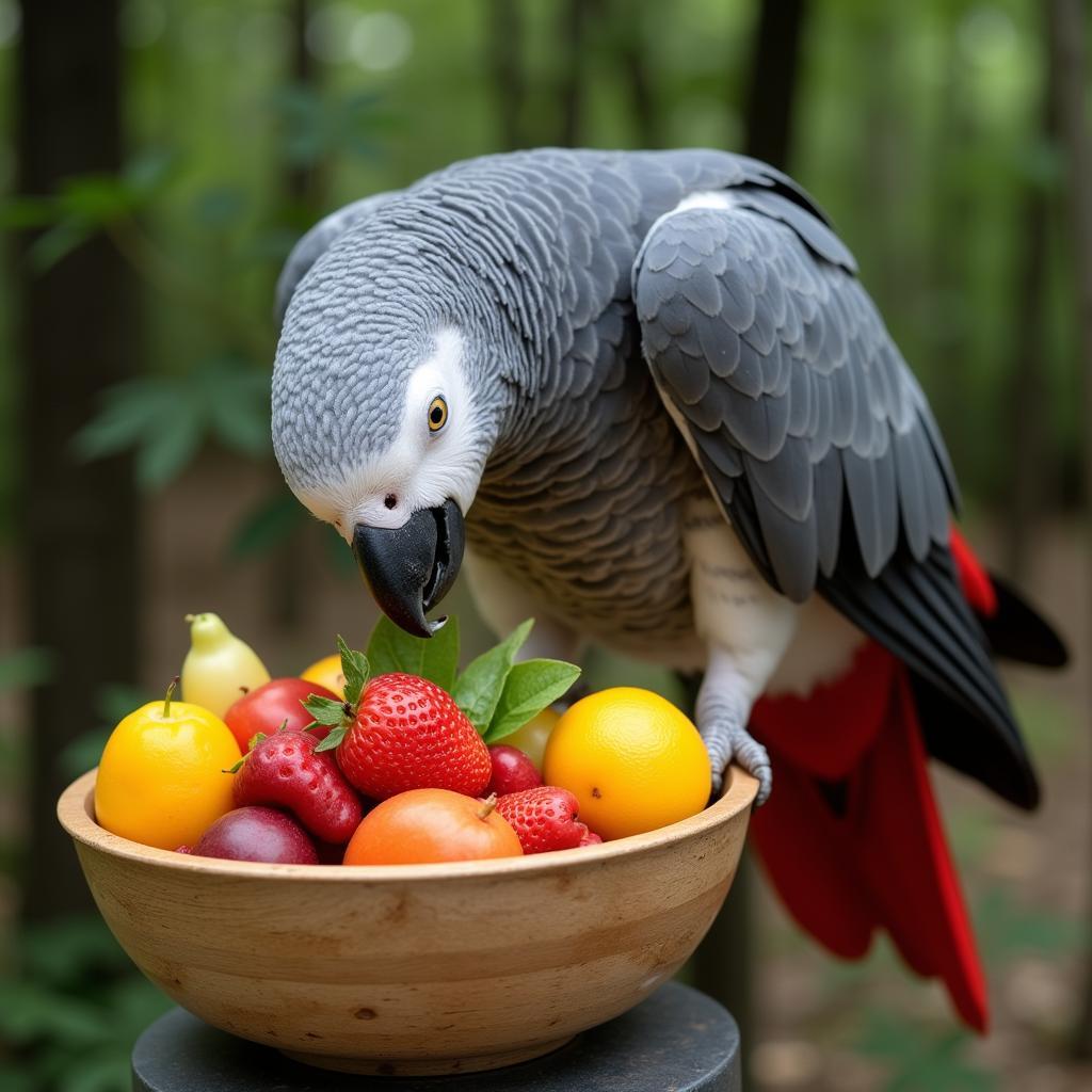 African Gray Parrot enjoying a healthy meal