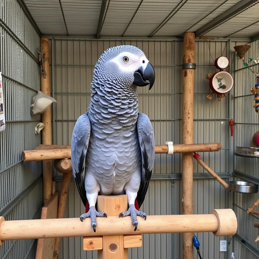 African Gray Parrot in a Spacious Cage