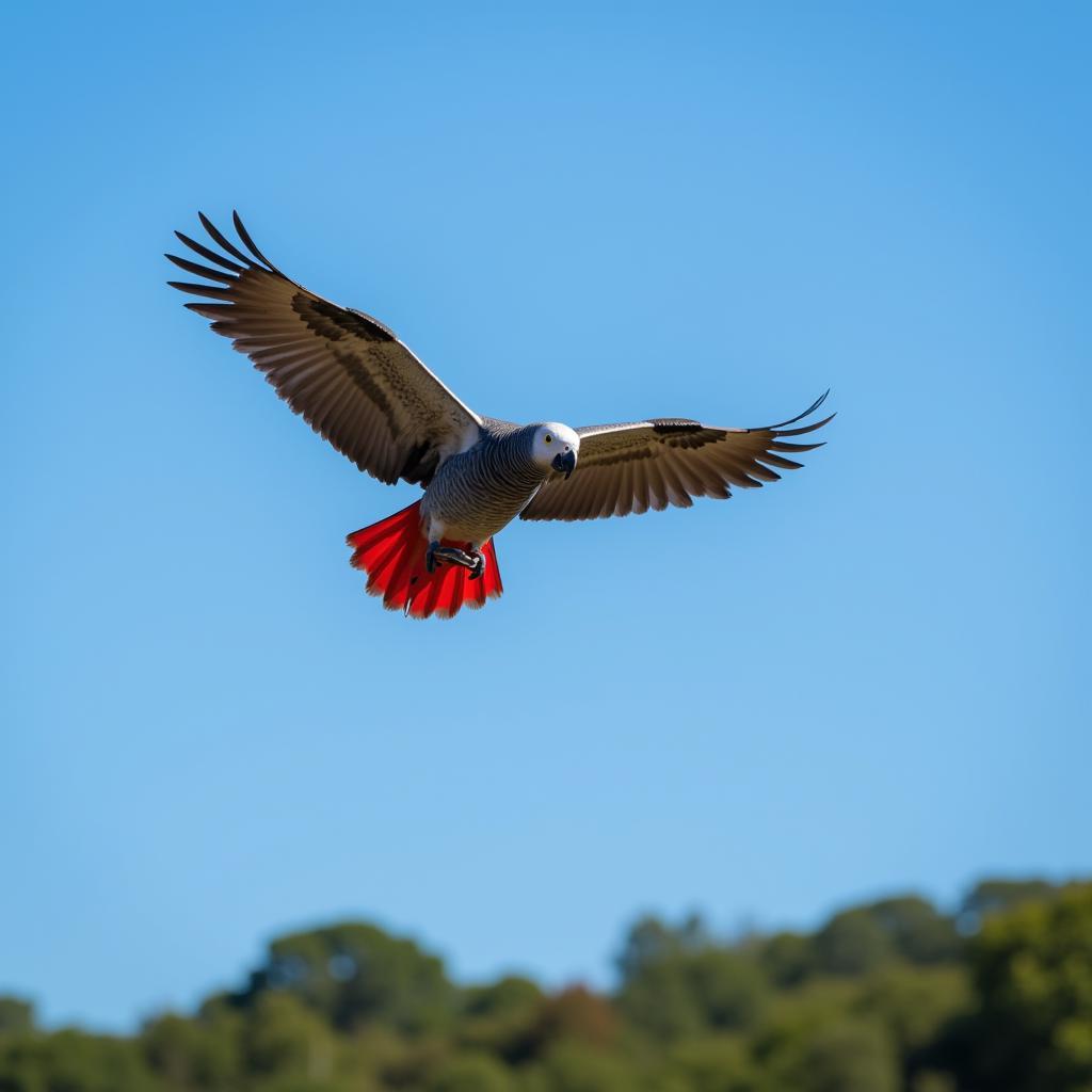 African Gray Parrot Soaring Through the Sky