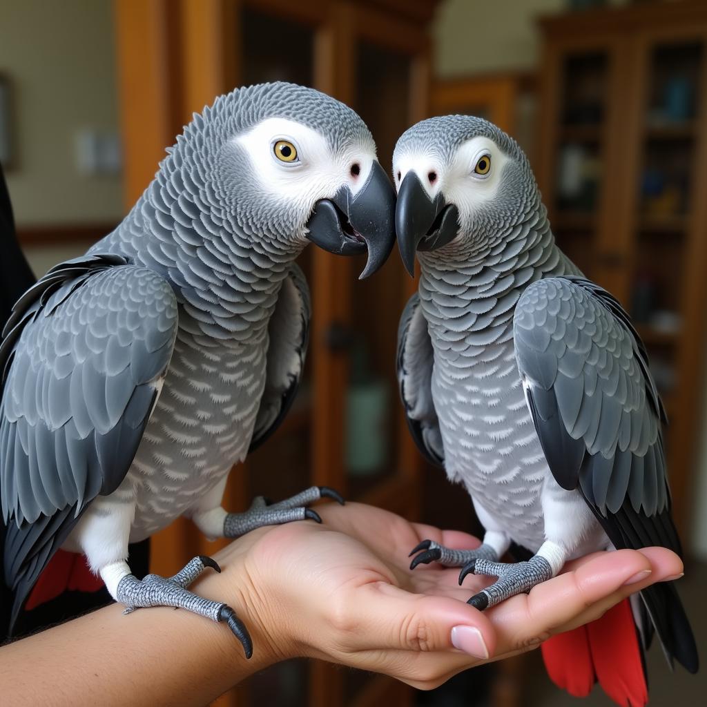 African Gray Parrot interacting with its owner