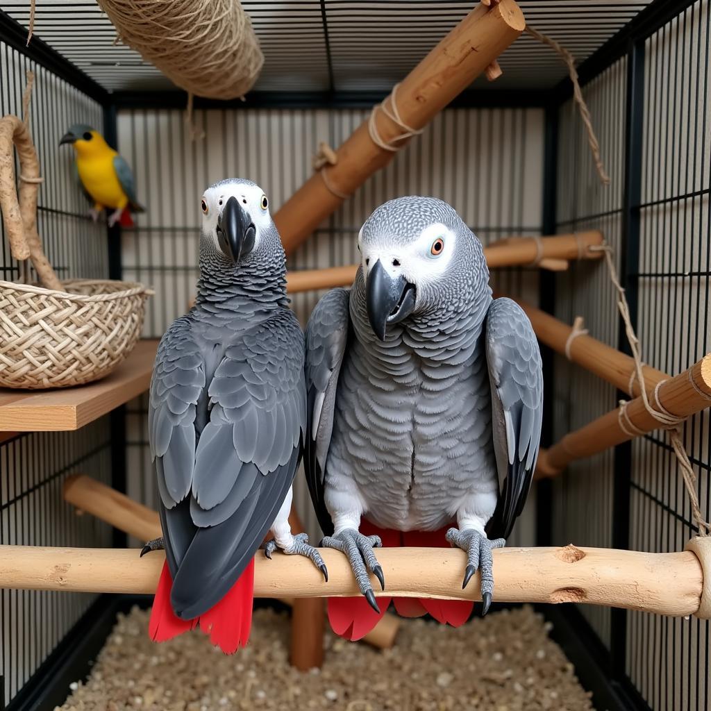 African Gray Parrot Pair in Breeding Cage