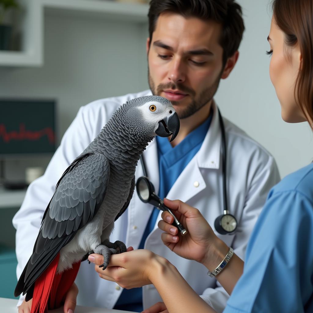 African Gray Parrot Undergoing a Veterinary Checkup