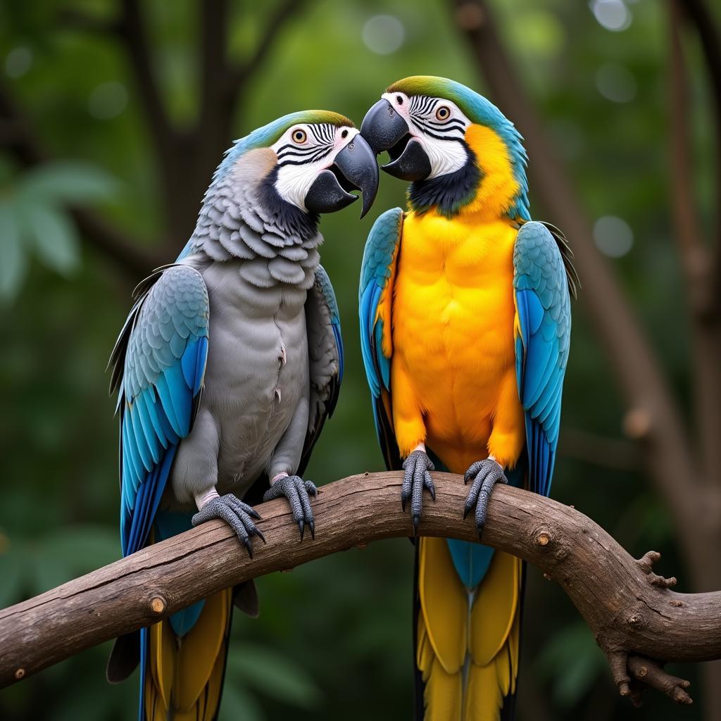 African Grey and Macaw Interacting