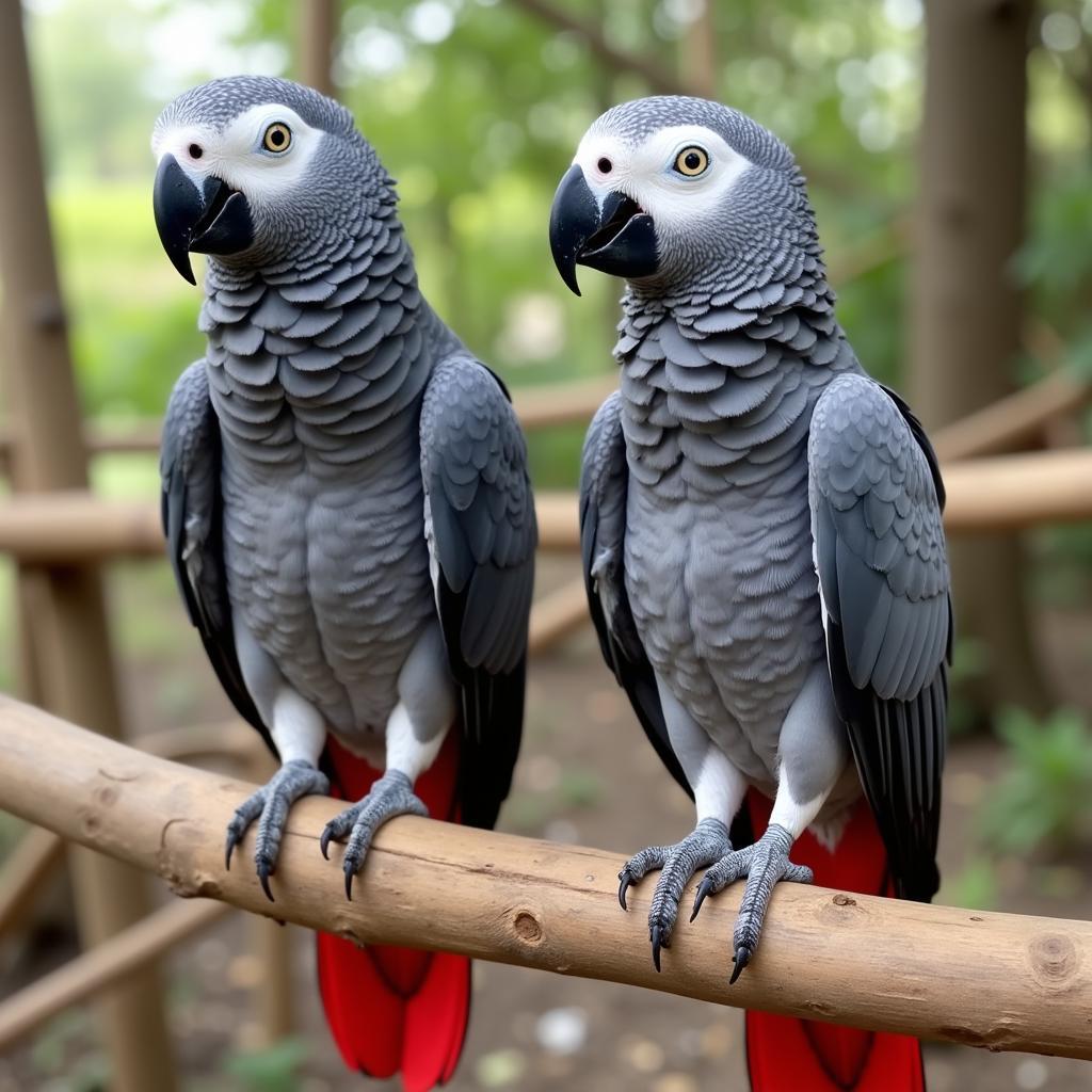 A healthy African grey breeding pair perched on a branch