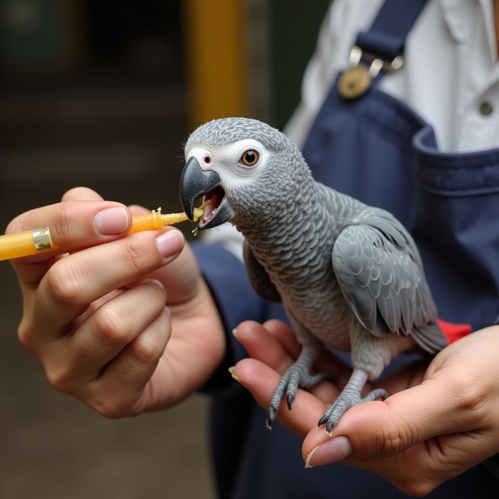 African Grey Congo parrot being hand-fed by a breeder in Mumbai