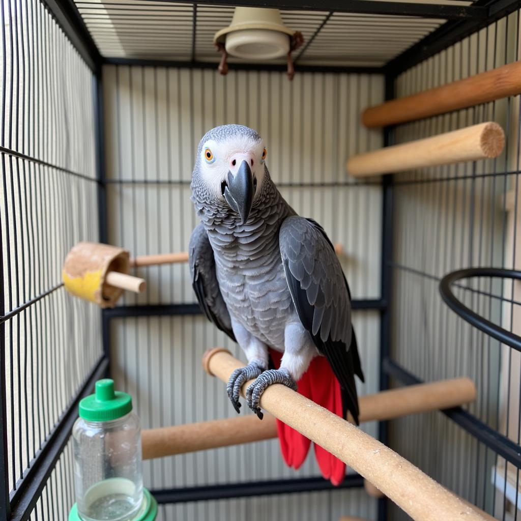 African Grey Congo Parrot in Enriched Cage