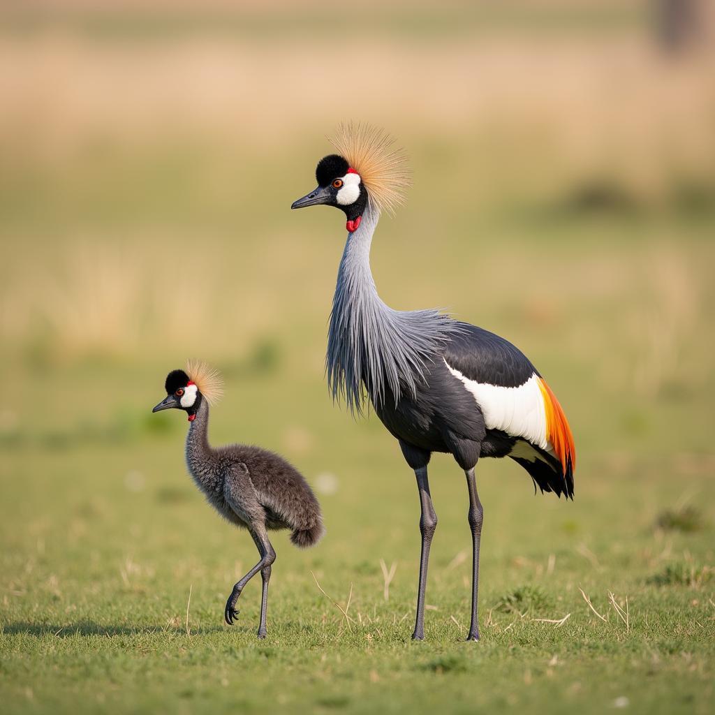 African Grey Crowned Crane Chick with Parent