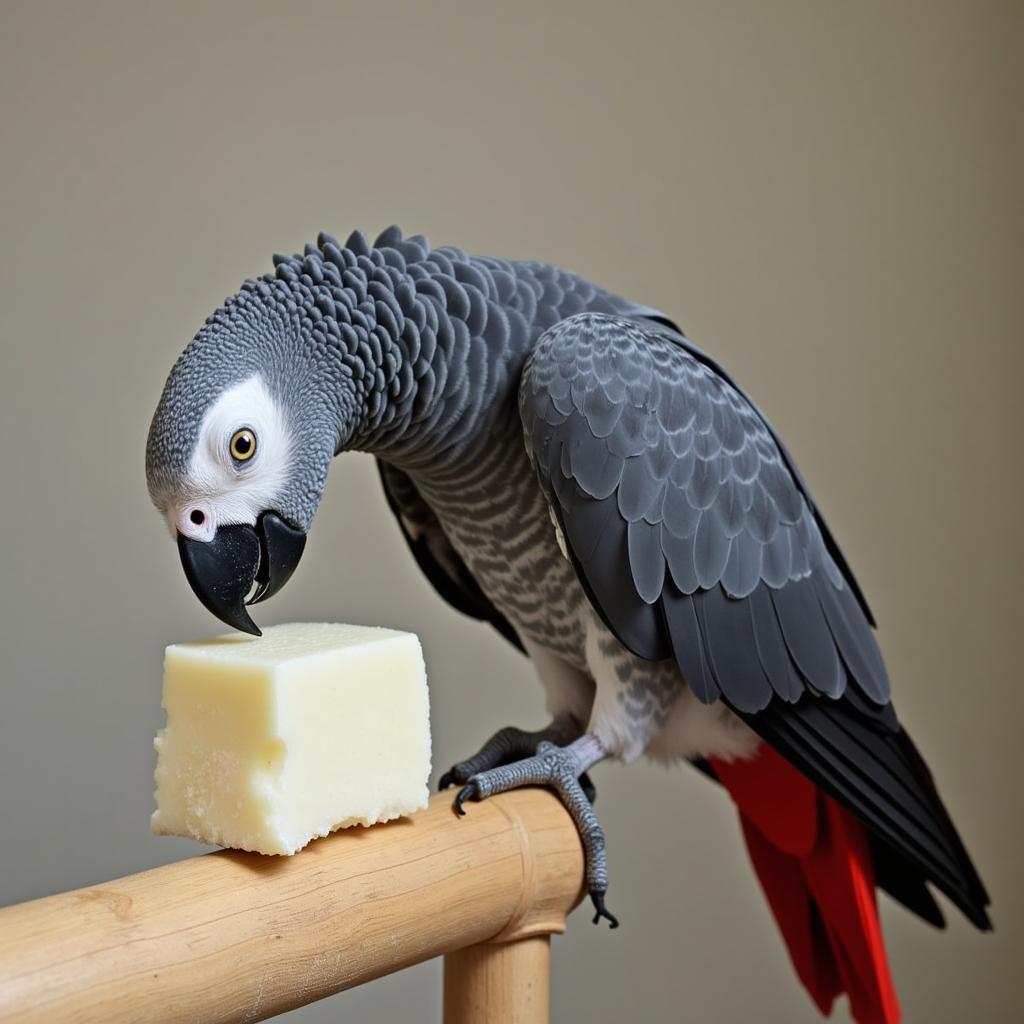 African Grey Parrot Eating Calcium Supplement