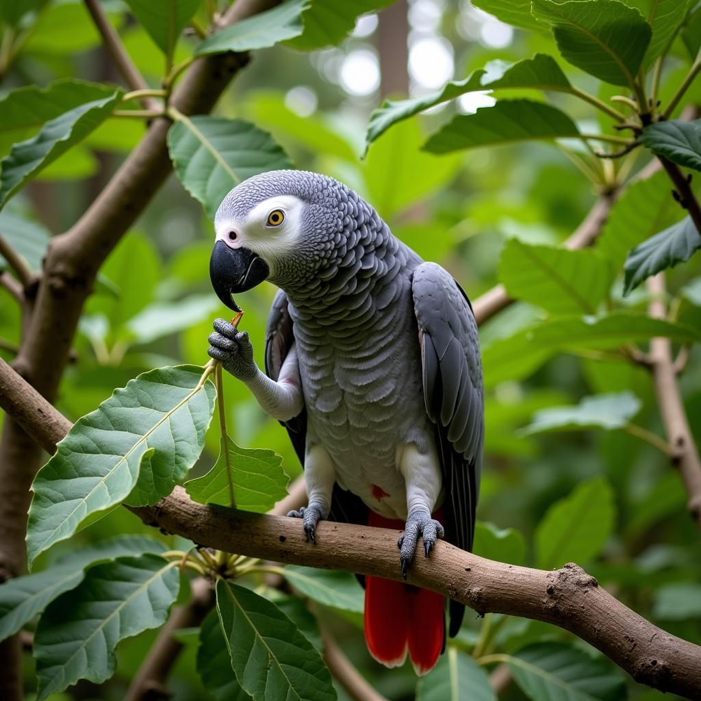 African Grey Parrot Foraging in the Wild