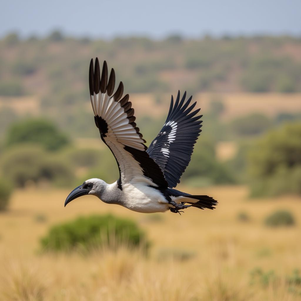 African Grey Hornbillbird in Flight Across Savannah