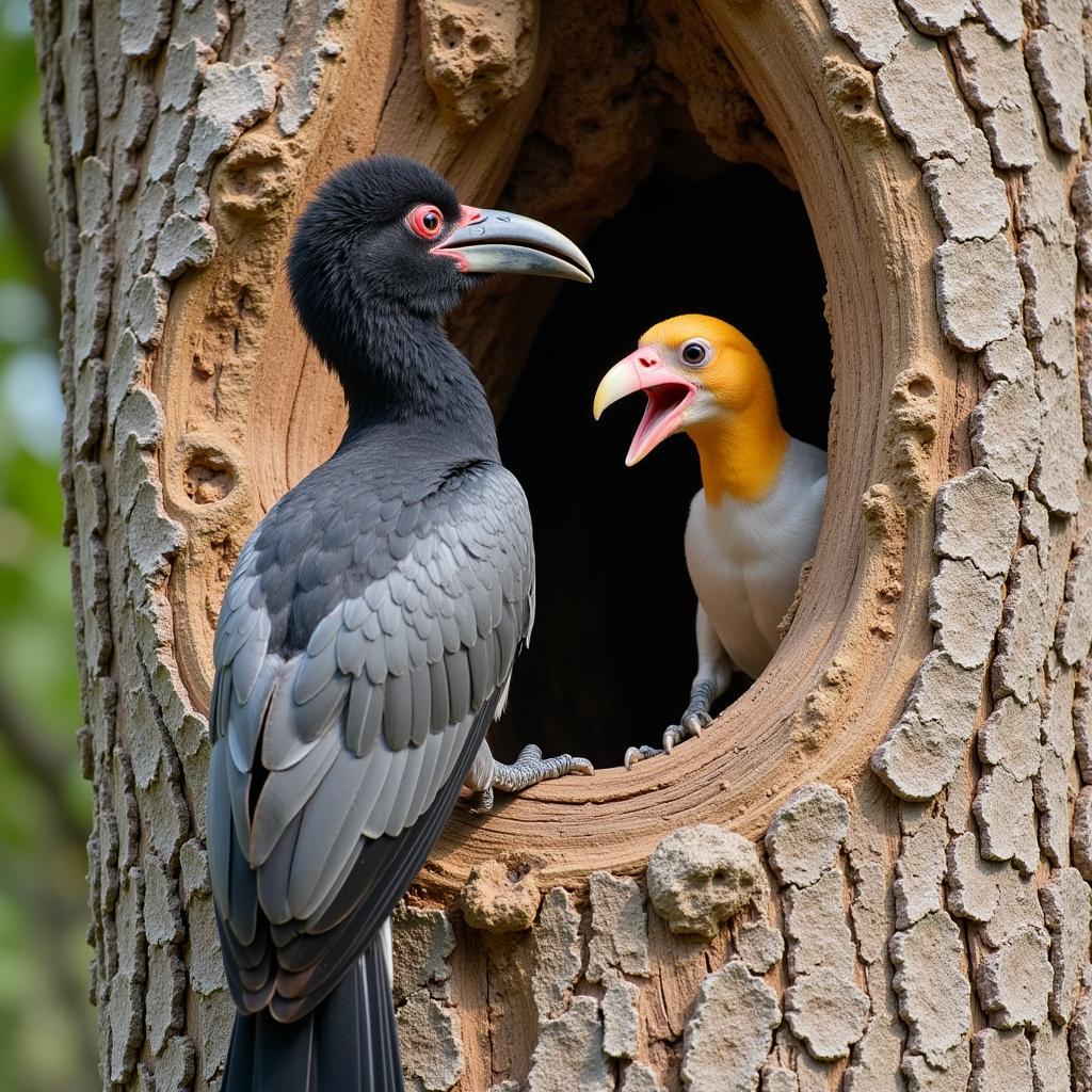 Male African Grey Hornbillbird Feeding Female in Nest