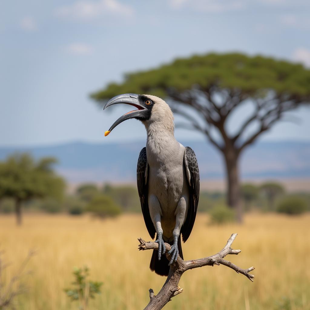 African Grey Hornbillbird Perched on a Branch