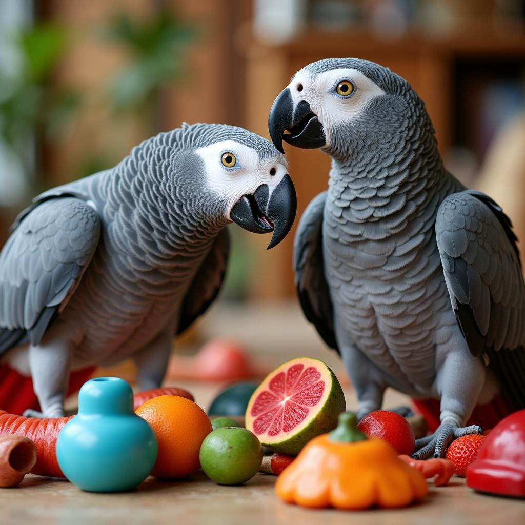 African Grey Parrot and Indian Ringneck Playing