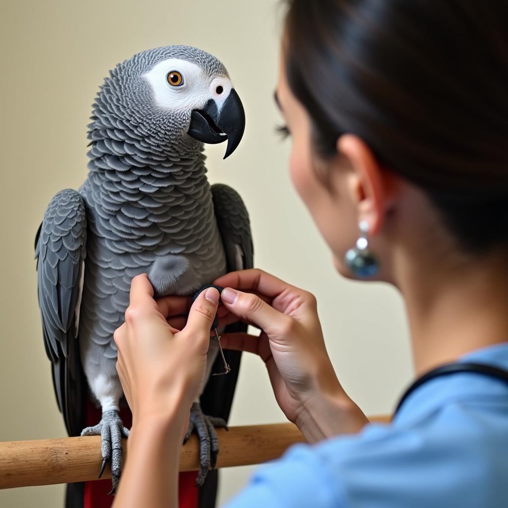 African Grey Parrot Undergoing a Vet Checkup