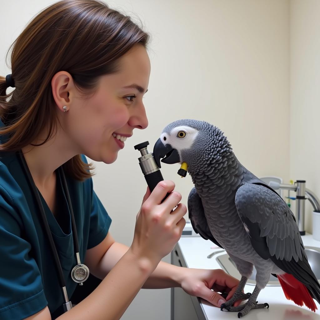 Avian Veterinarian Conducting a Health Check on an African Grey Parrot in Cornwall