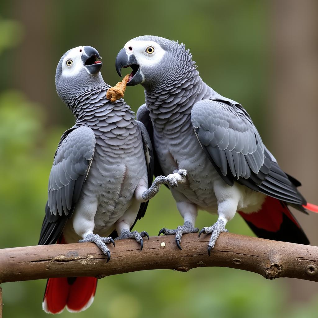 A pair of African Grey parrots displaying courtship behavior