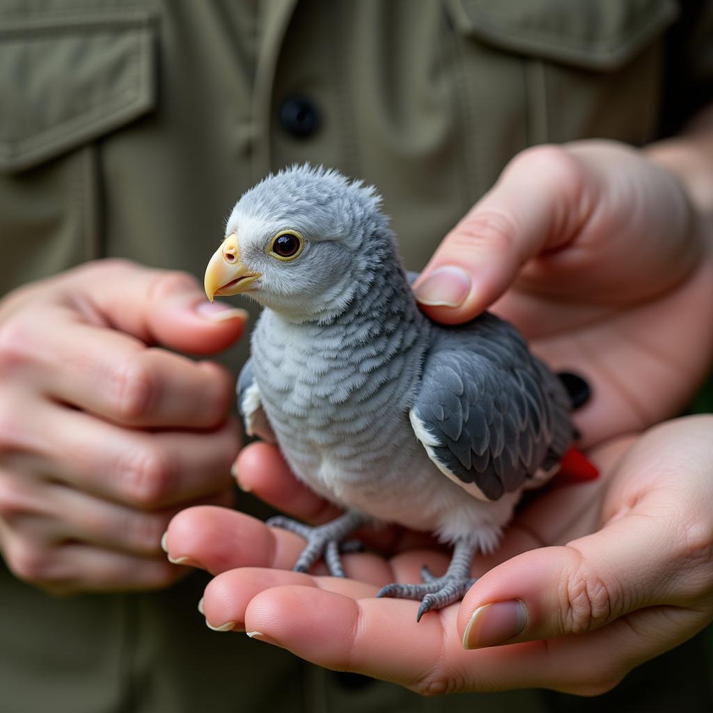 African Grey Parrot Chick with Breeder