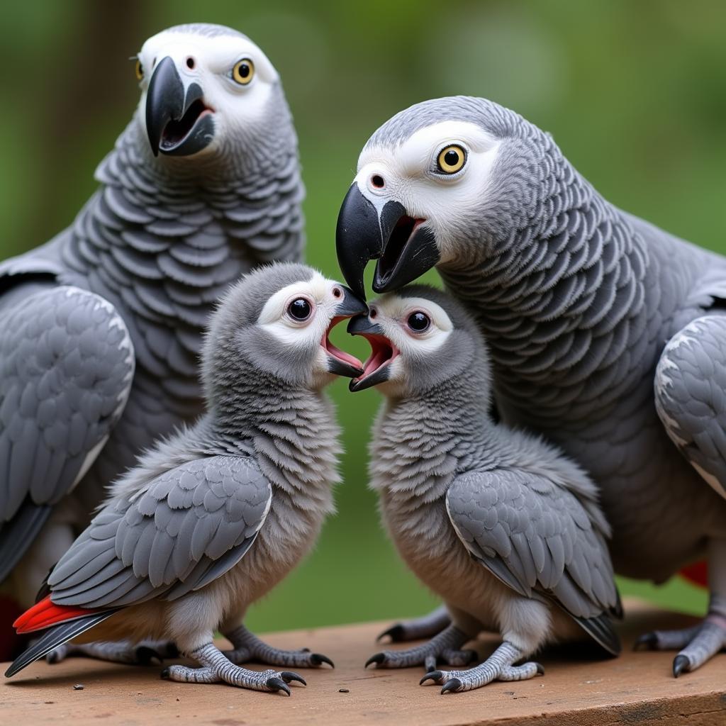 African Grey Parrot Chicks Being Fed by Parents