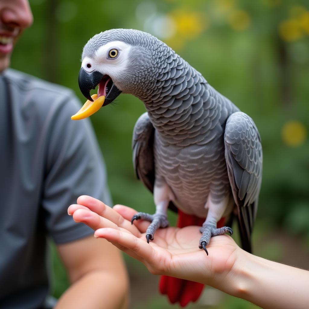 African Grey Parrot Interacting with Owner