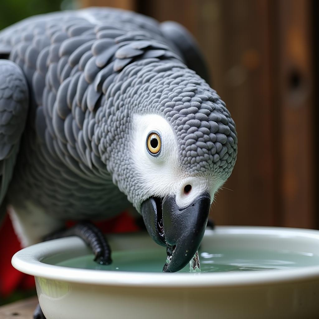 African Grey Parrot Drinking Fresh Water