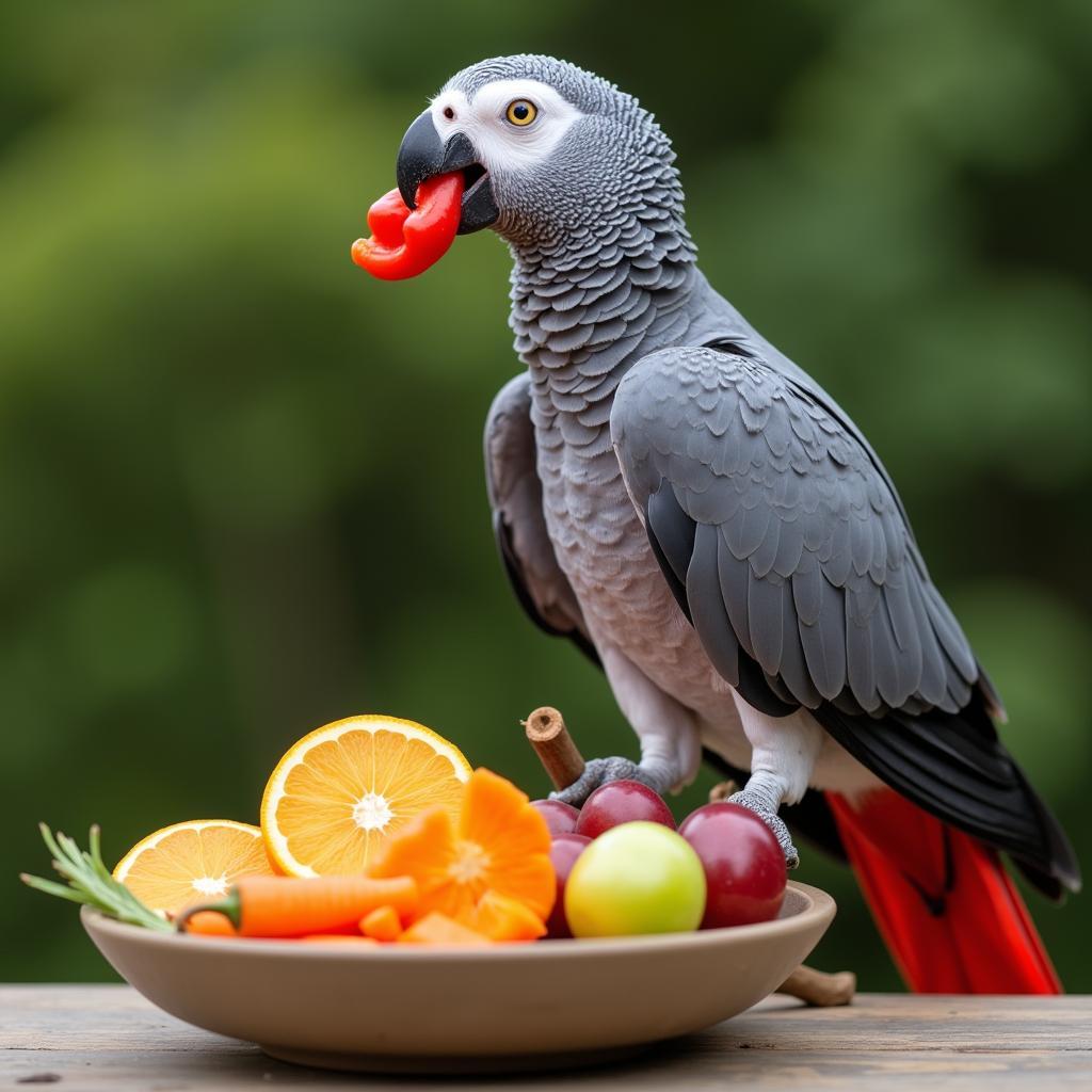 An African Grey parrot enjoying a variety of fresh fruits and vegetables.