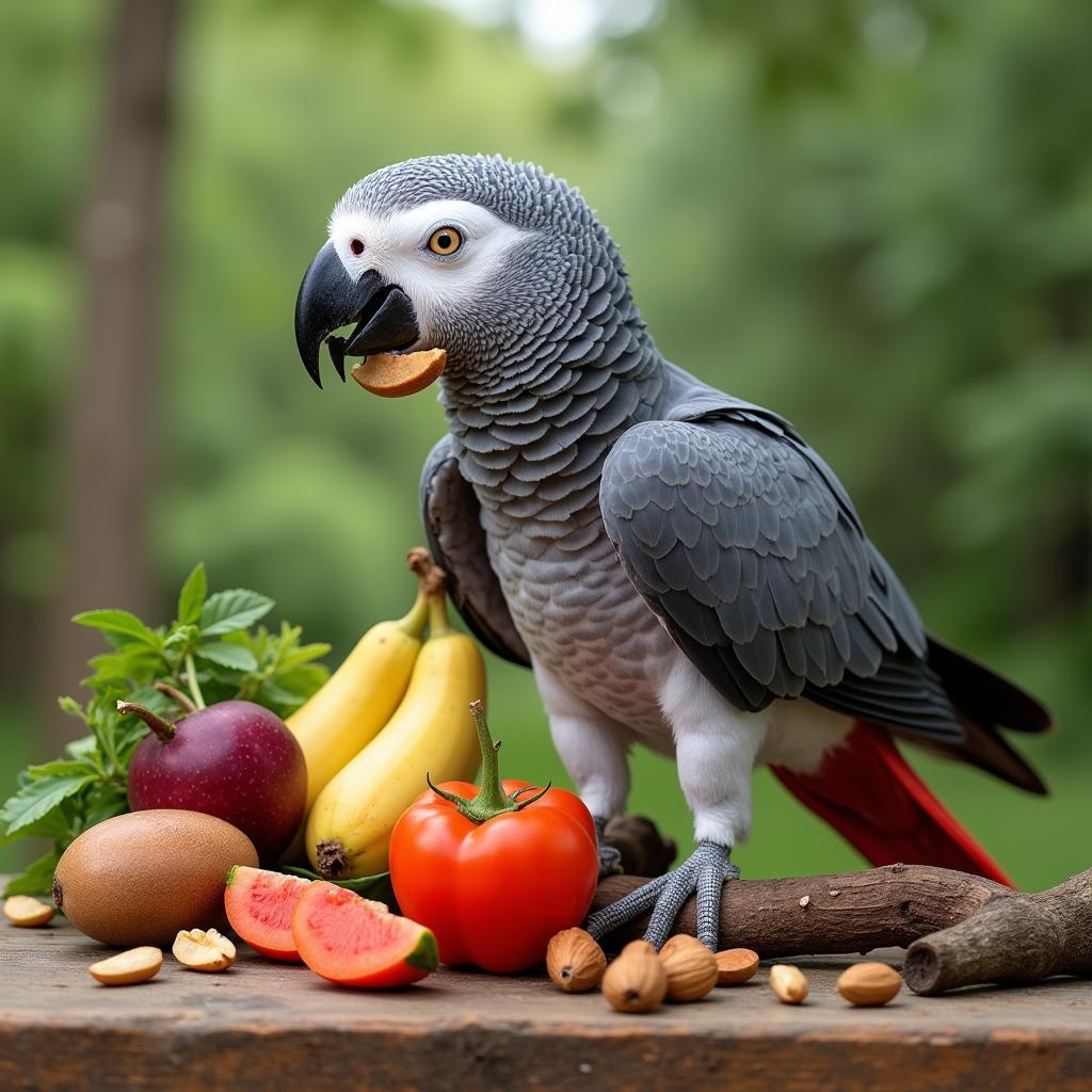 African Grey Parrot Eating Healthy Food