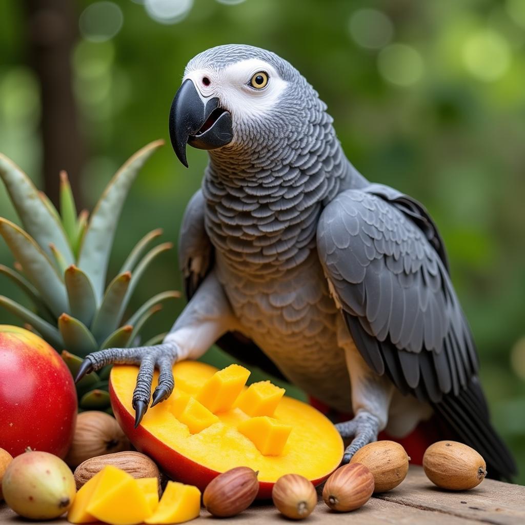 African Grey Parrot Enjoying a Healthy Meal