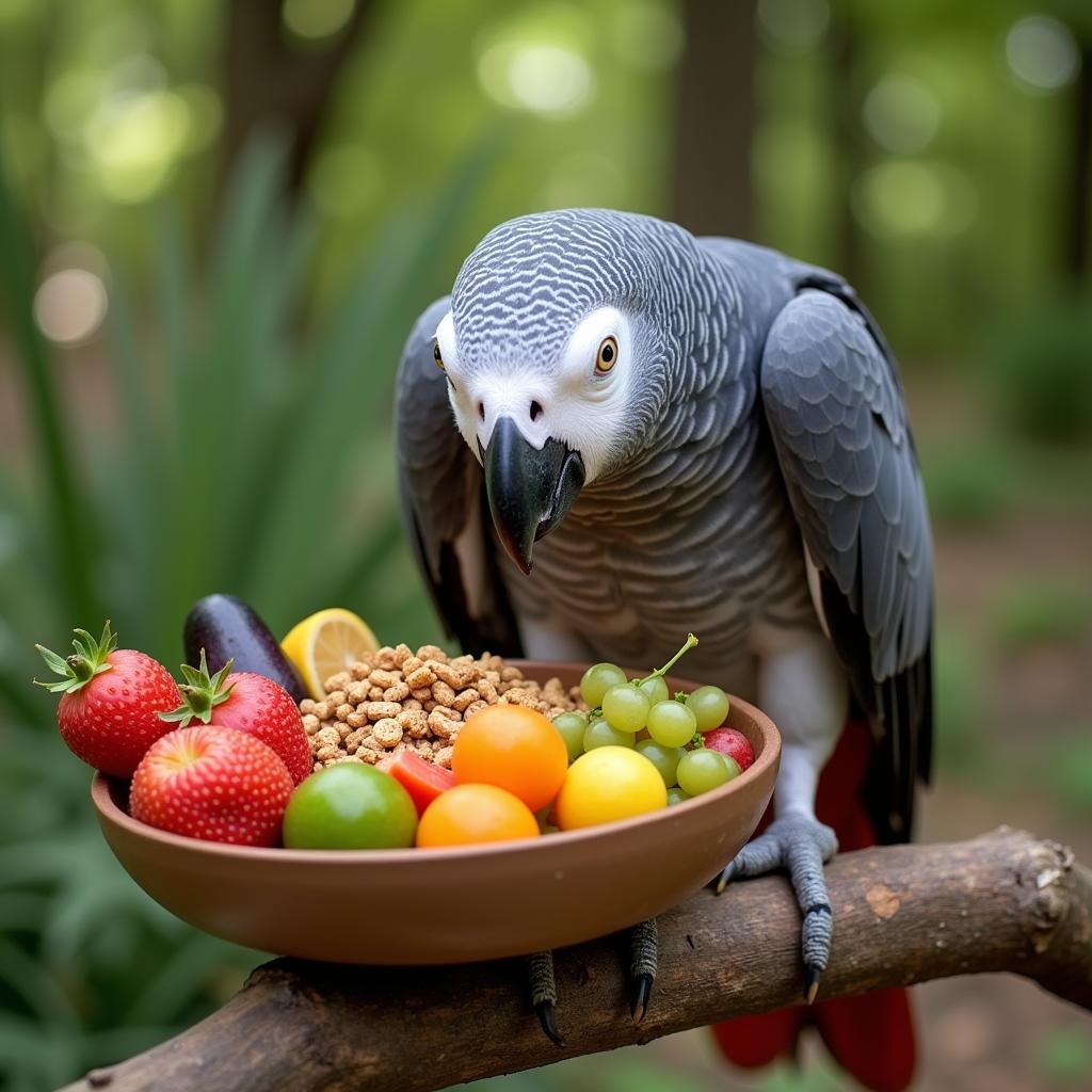 African Grey Parrot Enjoying a Healthy Meal