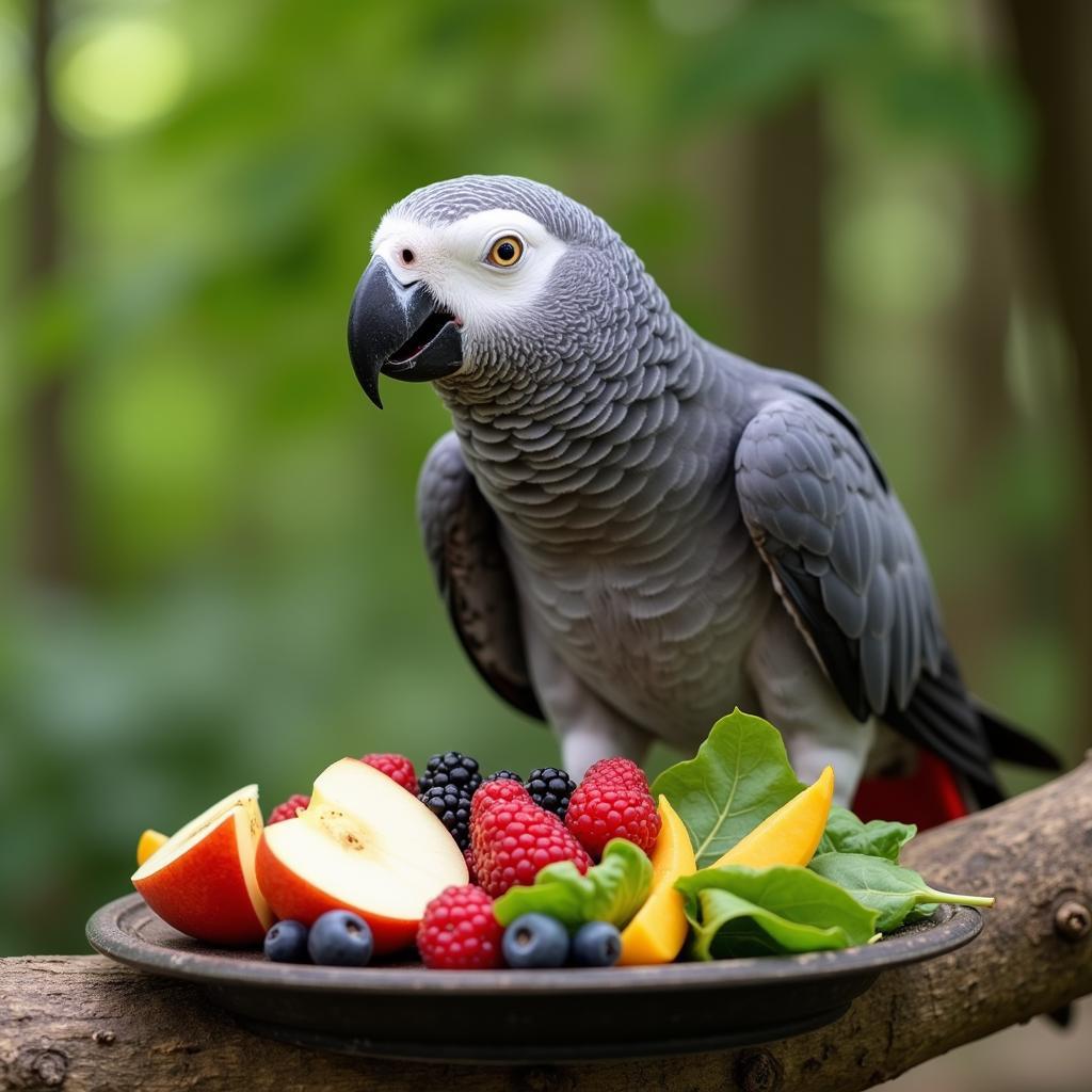 African Grey Parrot Enjoying a Healthy Meal of Fruits and Vegetables