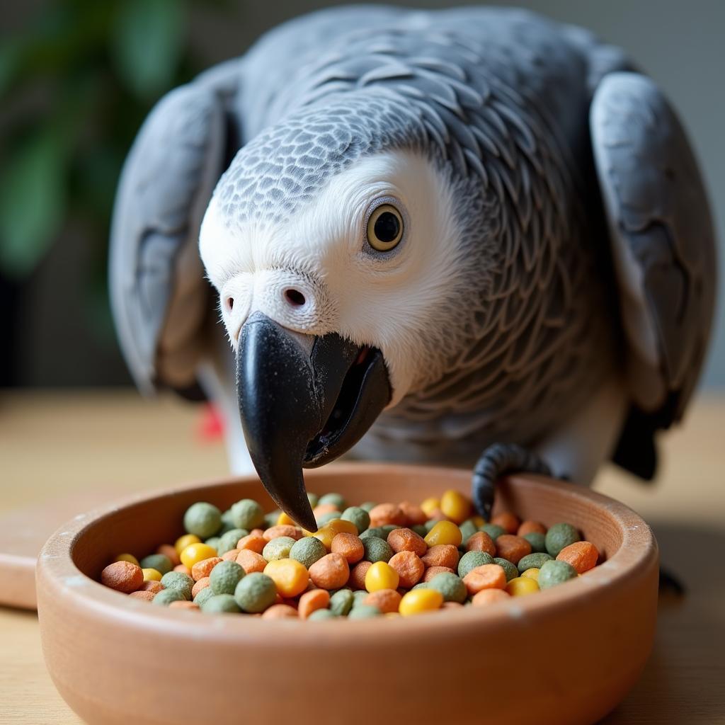 African Grey Parrot Eating Pellets