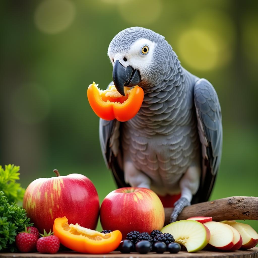 African Grey Parrot Enjoying Fresh Fruits and Vegetables