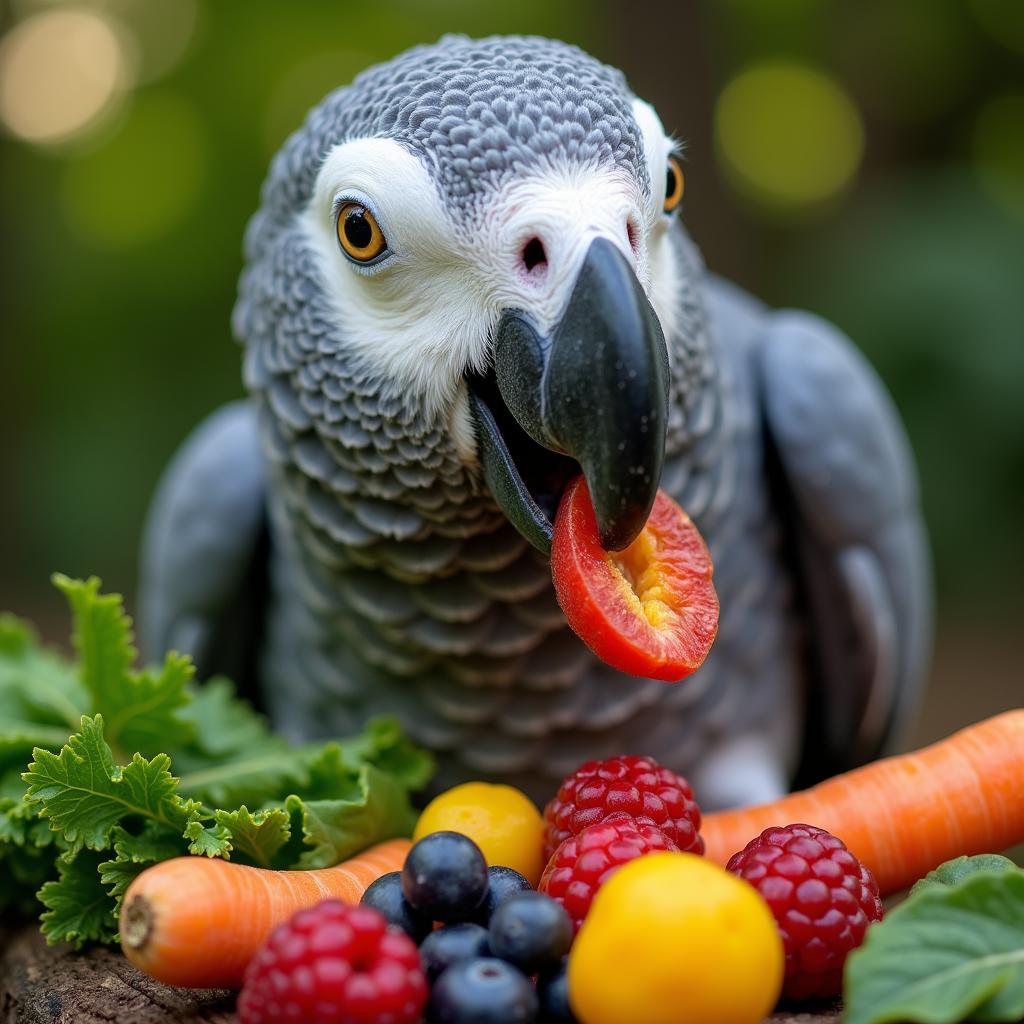 African Grey Parrot Enjoying Healthy Food