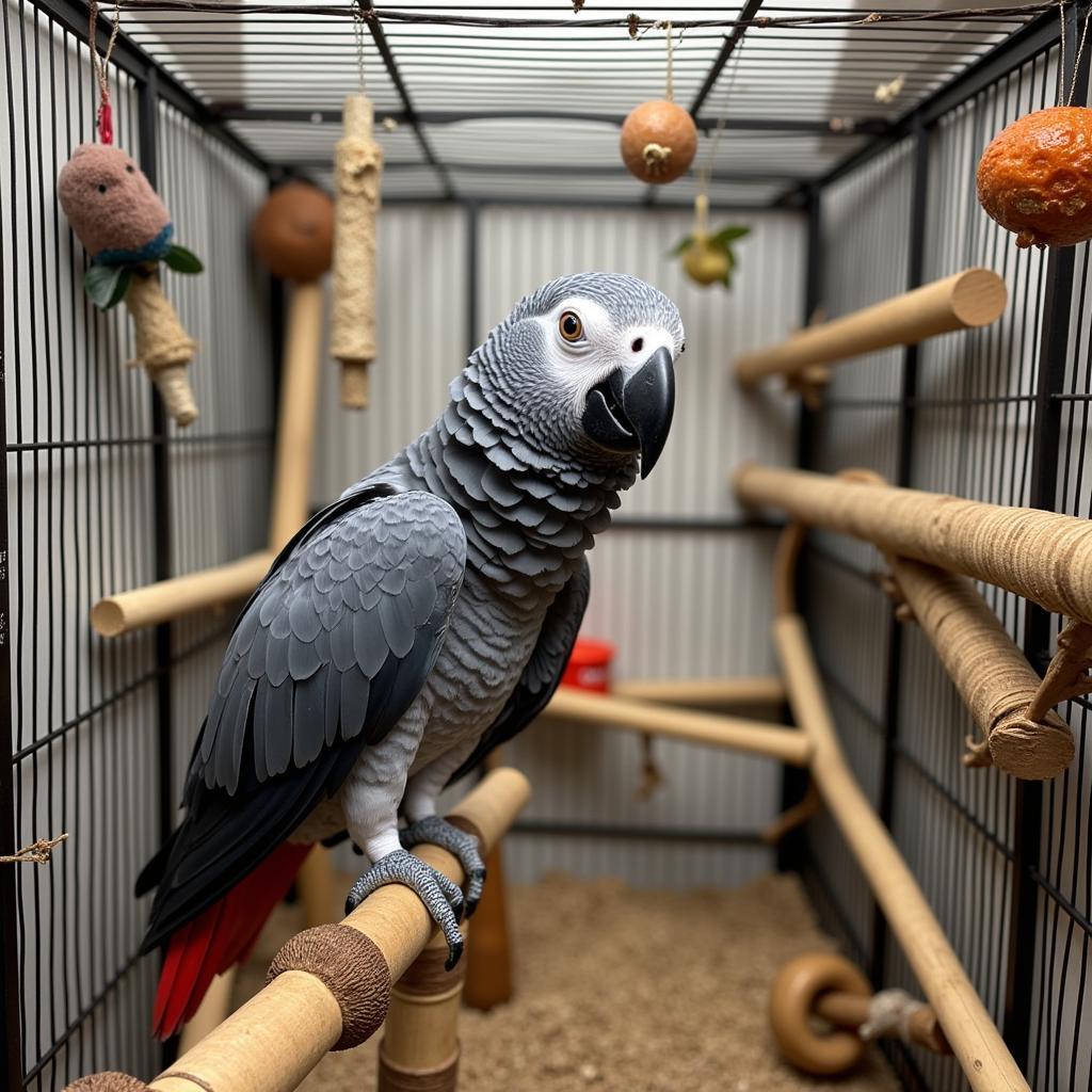 African Grey Parrot in an Enriched Cage