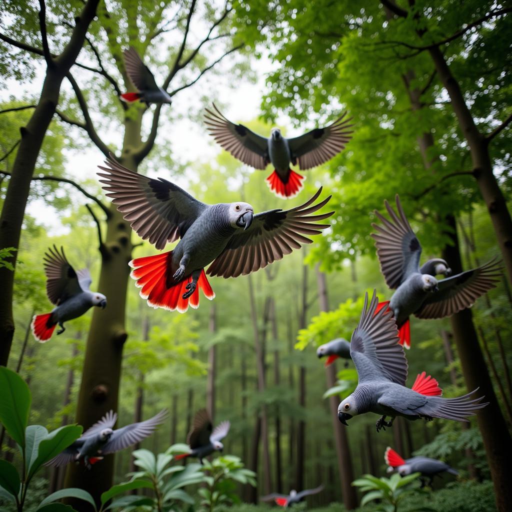 African Grey Parrot Flock in Rainforest Canopy