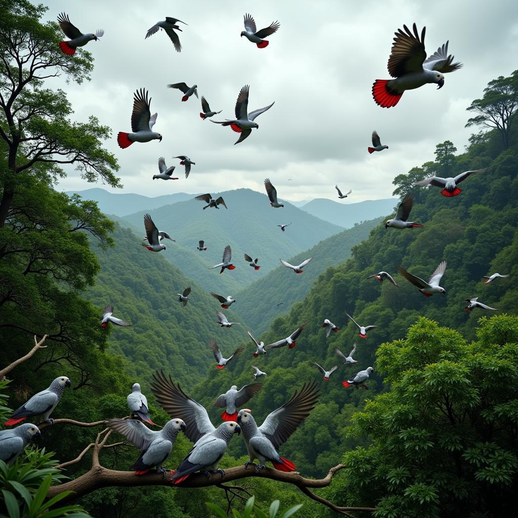 African Grey Parrot Flock in the Wild