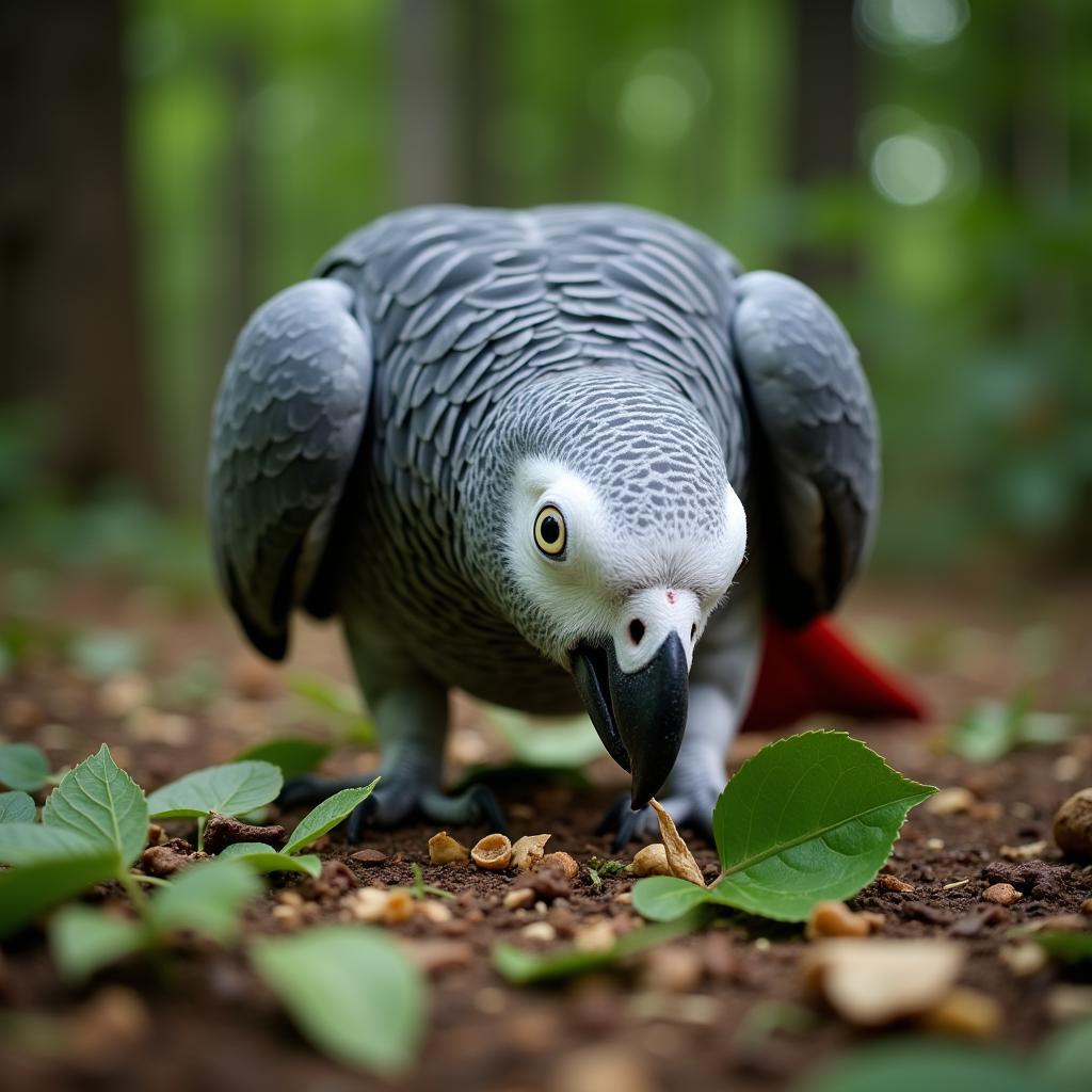 African Grey Parrot Foraging for Food in the Forest