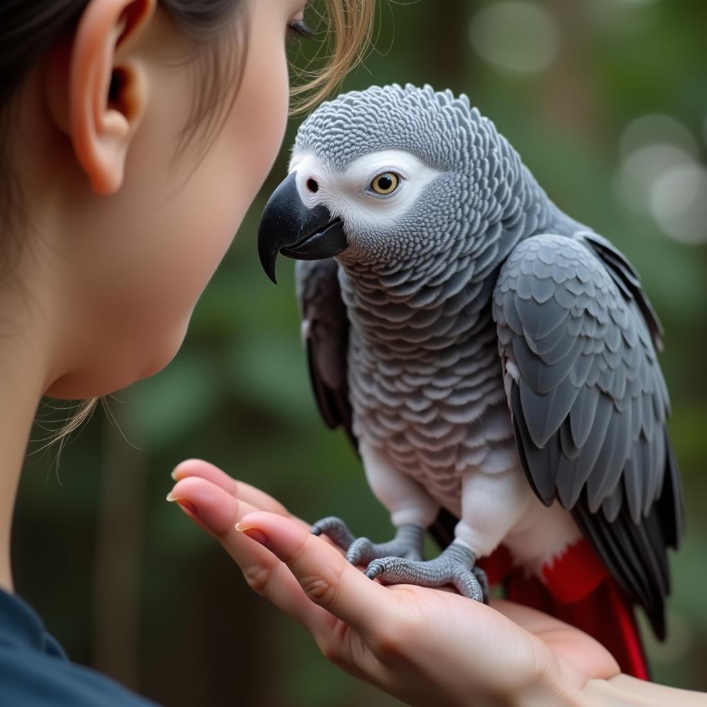 African Grey Parrot Interacting with a Human