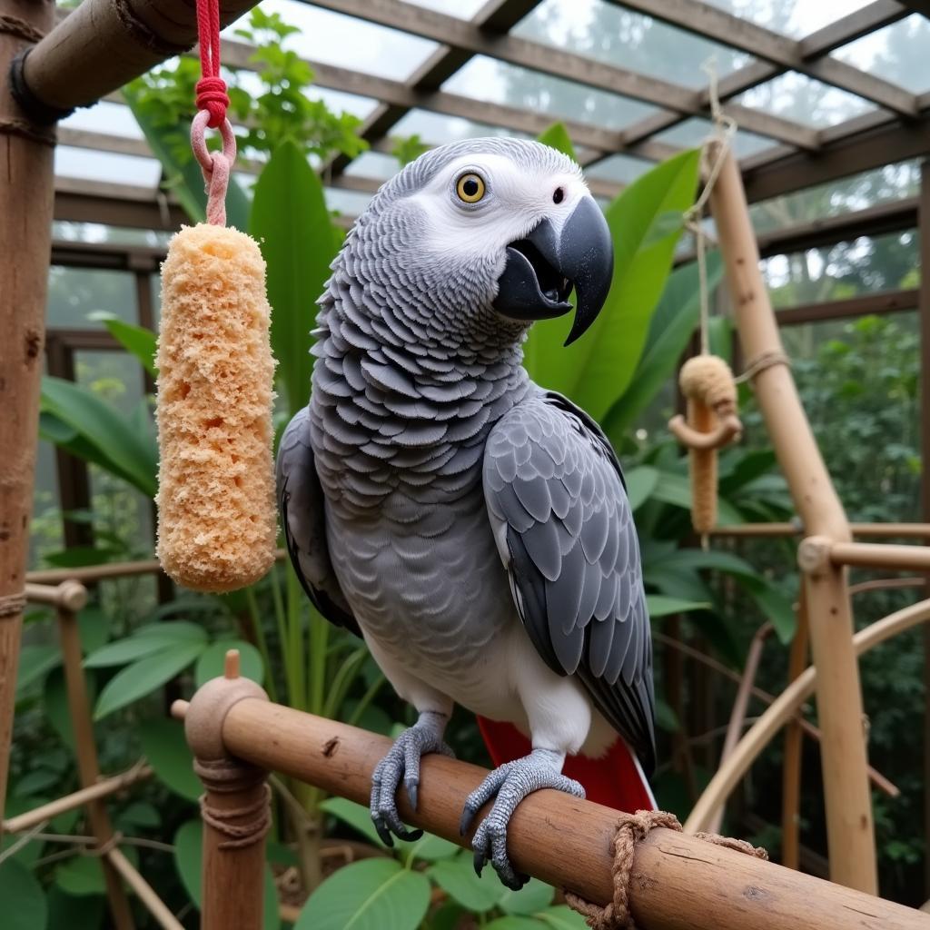 African Grey Parrot enjoying a spacious aviary with enrichment toys.