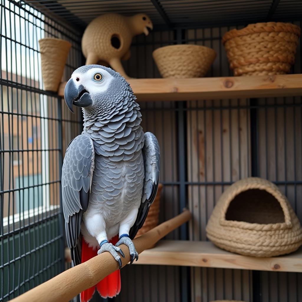 African Grey Parrot in a Spacious Cage