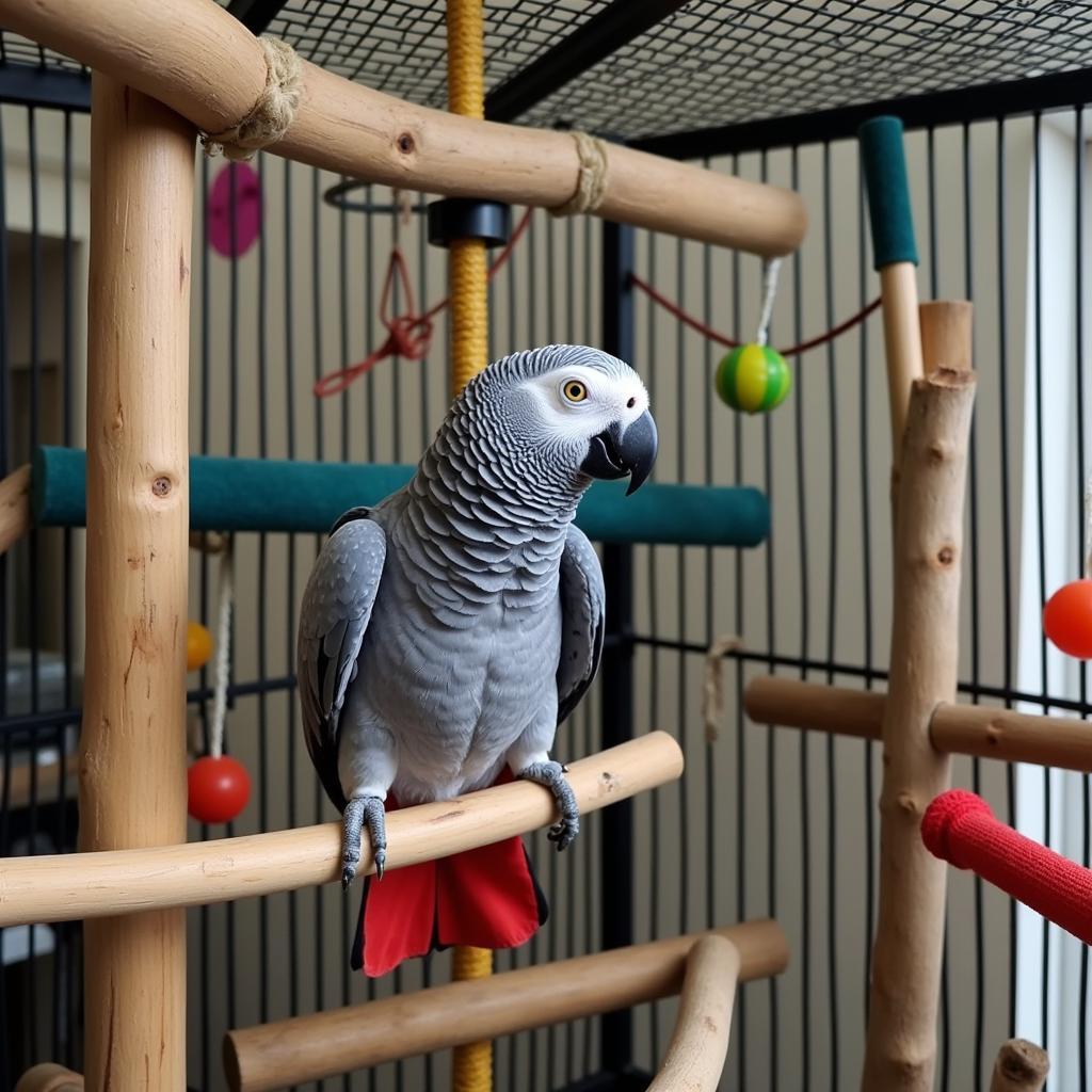 African Grey Parrot in a Spacious Cage with Enrichment Toys