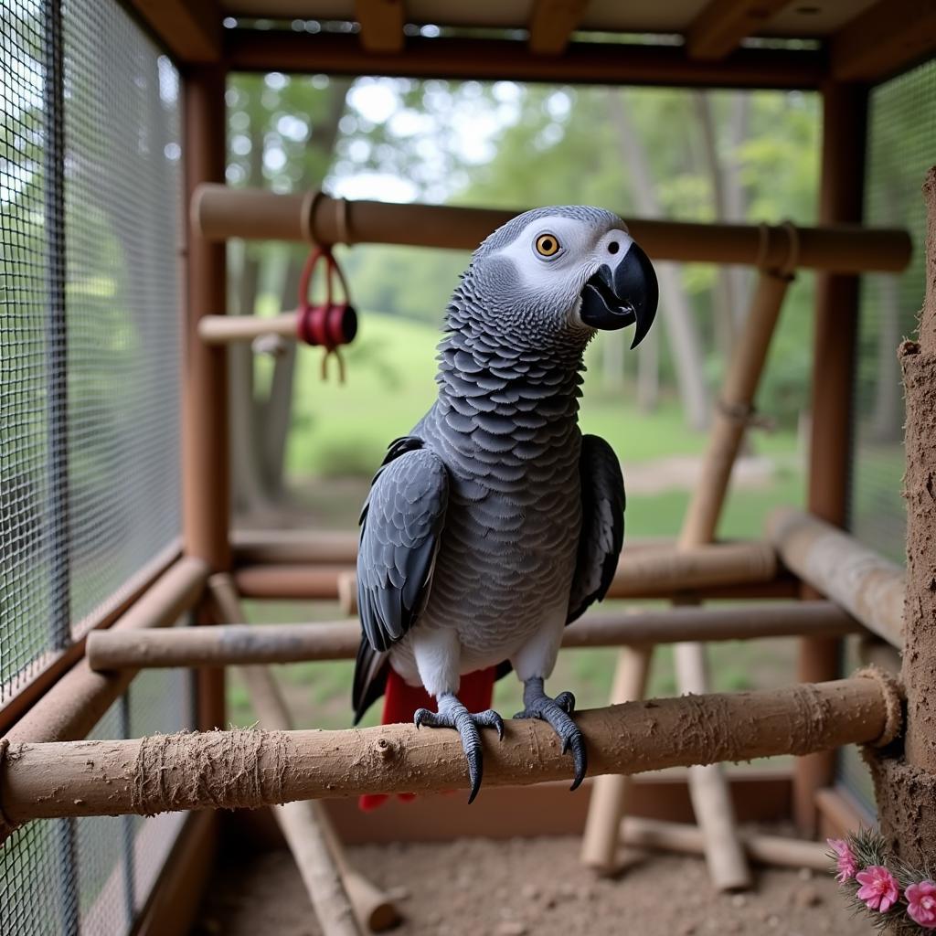 African Grey Parrot in a Suitable Cage