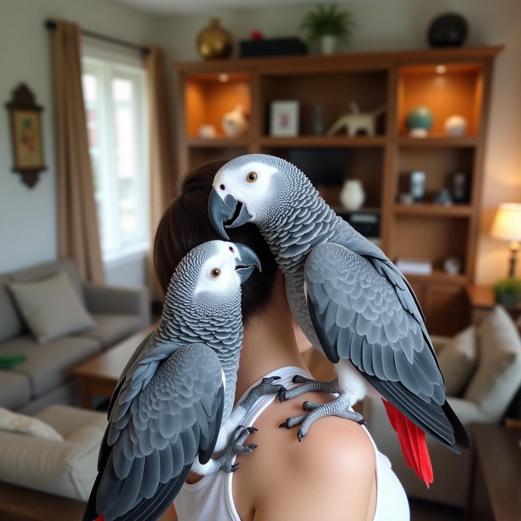 African Grey Parrot Interacting with its Owner