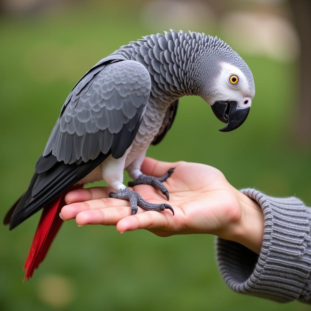 African Grey Parrot Interacting with its Owner